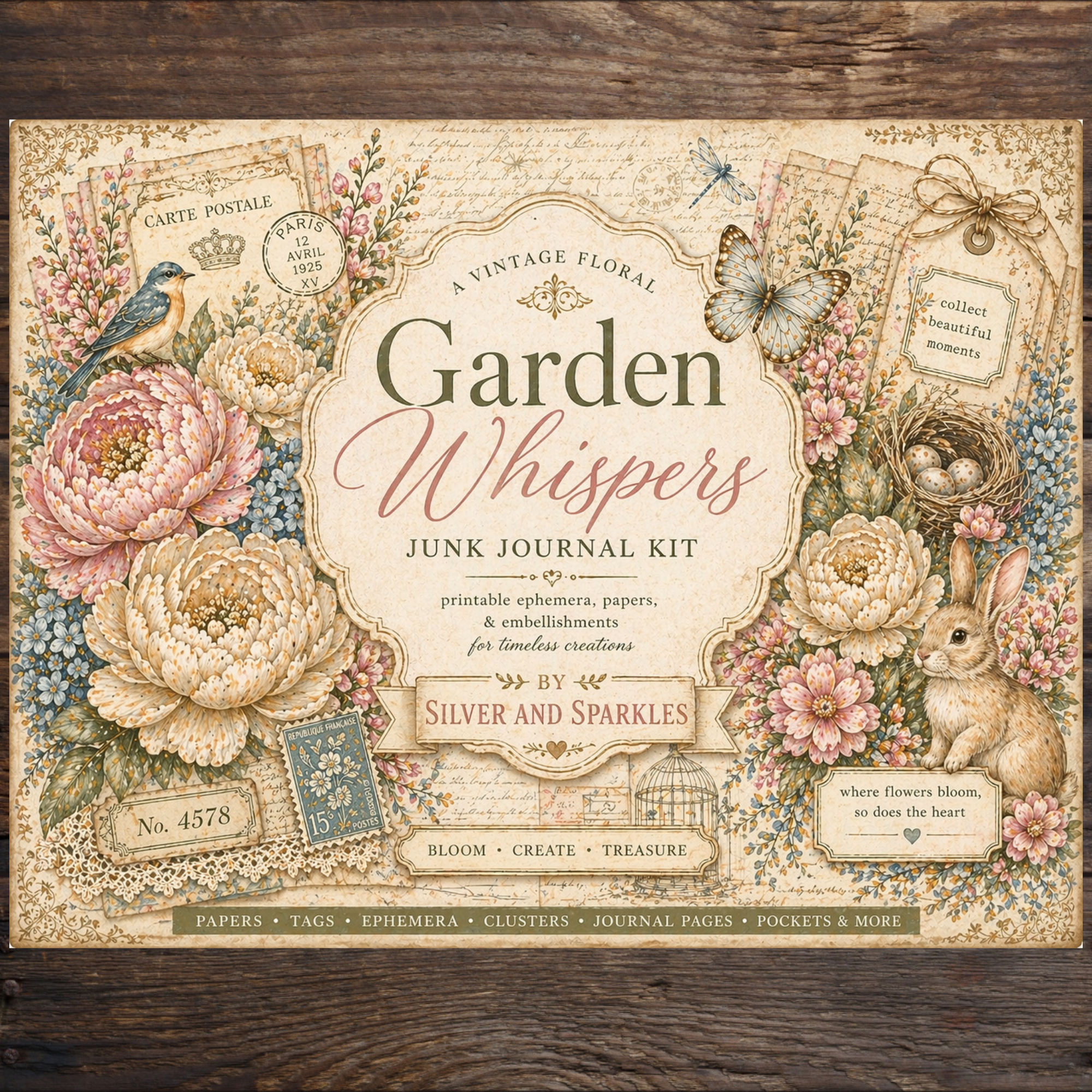 A vintage floral garden whispers junk journal kit, featuring printable ephemera, papers, and embellishments for timeless c...
