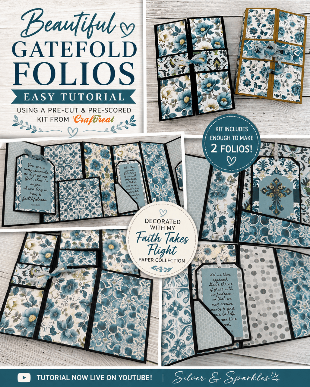 Collage of two handmade gatefold folios created with a pre-cut and pre-scored Craftreat folio kit and decorated using the Faith Takes Flight paper collection. The collage features the folios closed and fully opened, highlighting interactive flaps, pockets, tuck spots, decorative tags with Scripture verses, and elegant blue floral patterned papers with black and kraft cardstock bases.