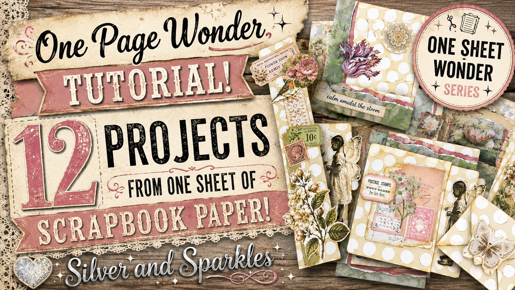 One Page Wonder Tutorial, 12 projects from one sheet of scrapbook paper. Silver and Sparkles.