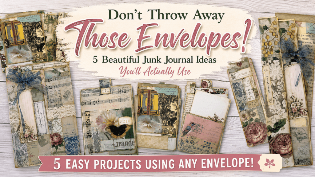 Five handmade junk journal projects made from envelopes, including pockets, tags, and a mini file folder, decorated with vintage floral papers and lace.